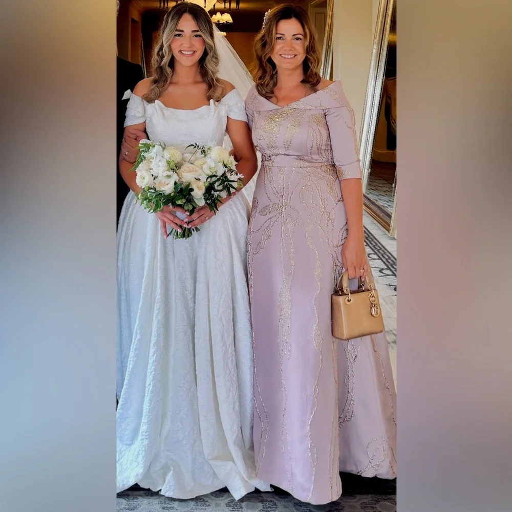 Teri Jon By Rickie Freeman Jacquard Folded Off-The-Shoulder Elbow Sleeve Gown 8 - Picture 5 of 10